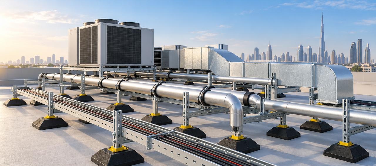 Rooftop pipework, ductwork and cable tray on non-penetrative supports, Dubai skyline behind
